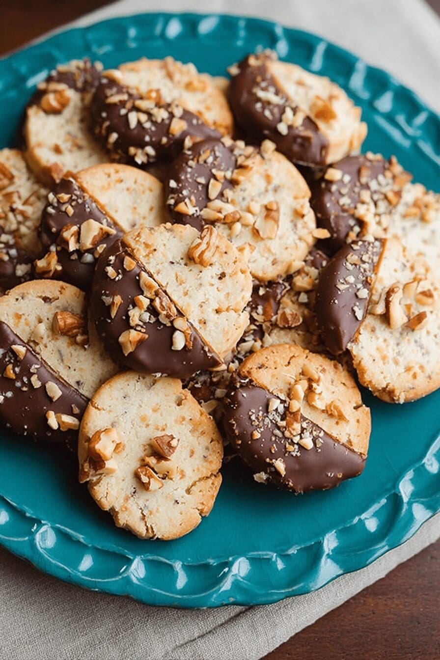 Chocolate Dipped Toffee Pecan Shortbread Cookies