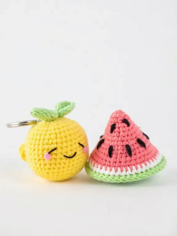 18 Cute Crochet Keychain Ideas, Fruit Slice Keychains (Lemon, Watermelon)