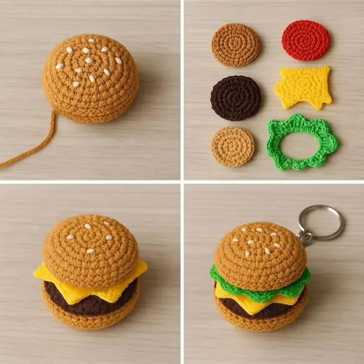 Fun Beginner-Friendly Crochet Project Ideas, 12. Crochet Hamburger Keychain
