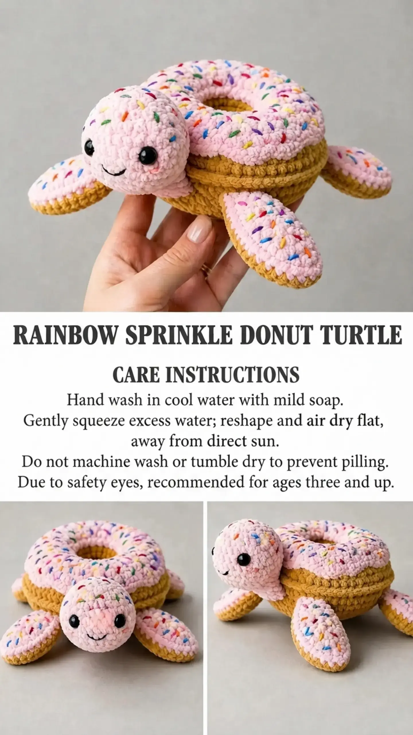 Rainbow Sprinkle Donut Turtle, Care Instructions